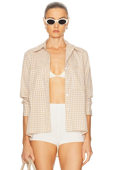 Enza Costa Textured Gingham Shirt in Sand Gingham