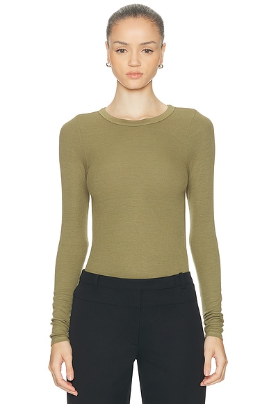 Enza Costa Silk Knit Long Sleeve Crewneck Top in Olive Stone