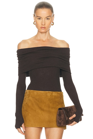 Enza Costa Cashmere Long Sleeve Off Shoulder Top in Dark Brown