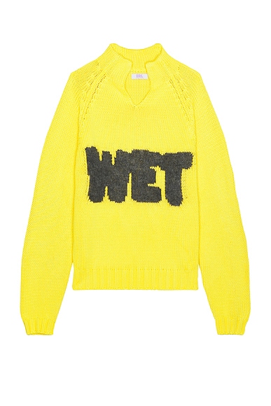 Open Neck Wet Intarsia Raglan Pullover Knit in Yellow