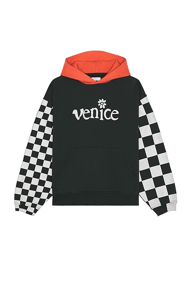 Men Venice Checker Sleeve Hoodie in Black