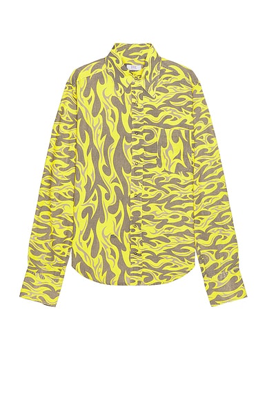 ERL Unisex Printed Button Up Shirt Woven in Yellow Flames
