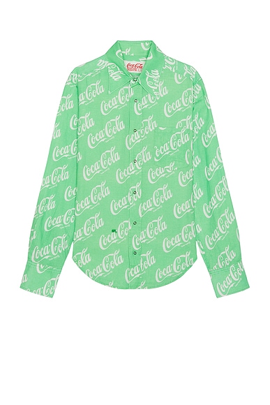 ERL Printed Button Up Shirt Woven in Green Coca Cola