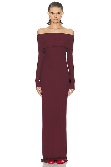Eterne Long Sleeve Off-Shoulder Butter Rib Maxi Dress in Oxblood