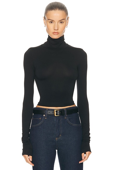 Eterne Cropped Fitted Turtleneck Soft Jersey Top in Black