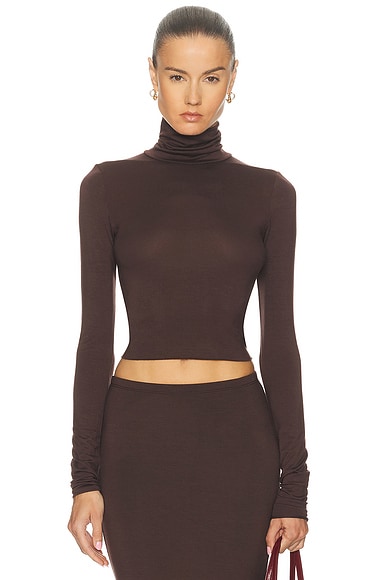 Eterne Cropped Fitted Turtleneck Soft Jersey Top in Espresso