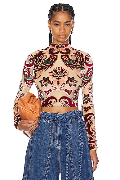 Etro Long Sleeve Crop Top in Multicolour On Yellow Base