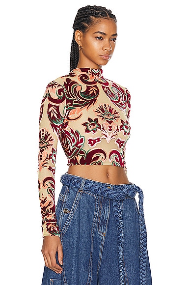 Shop Etro Long Sleeve Crop Top In Multicolour On Yellow Base