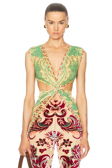 Etro Criss Cross Top in Print On Green Base