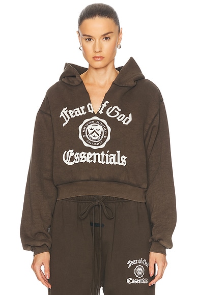 Fear of God ESSENTIALS Cropped V-Neck Hoodie in Brown