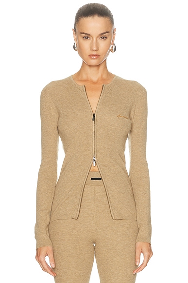 Signature Rib Knit Fitted Long Sleeve Zip Up Rib Tee