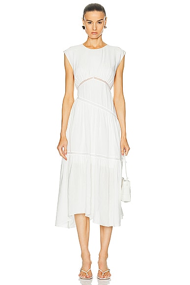 FRAME Gathered Seam Lace Inset Dress in White