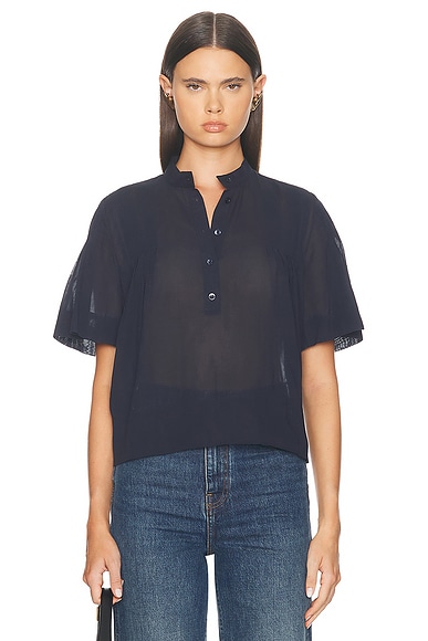 FRAME Pleated Button Up Blouse in Navy