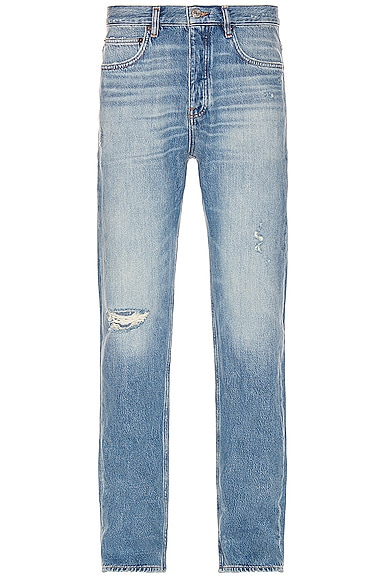 FRAME Distressed Straight Jean in Vintage Blue