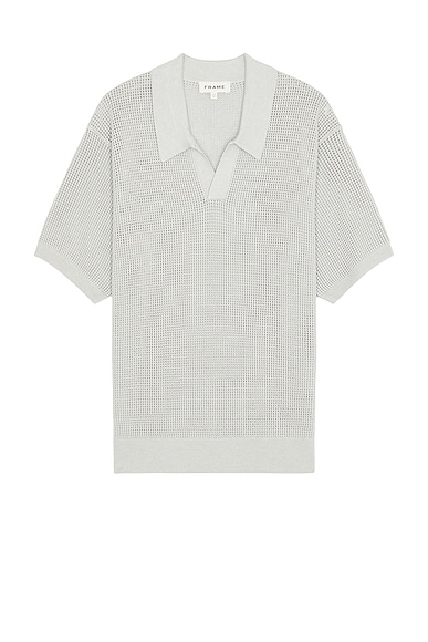 FRAME Open Weave Polo Sweater in Grey Blue