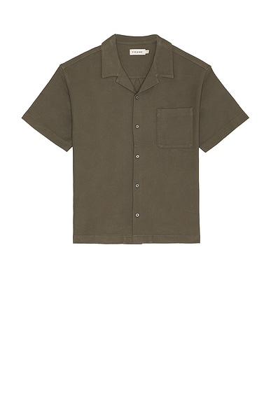 FRAME Jacquard Relaxed Camp Collared Shirt in Dark Sage