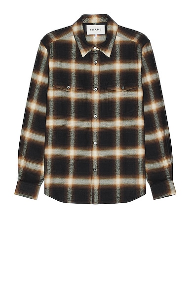 FRAME Brushed Cotton Plaid Shirt in Marron