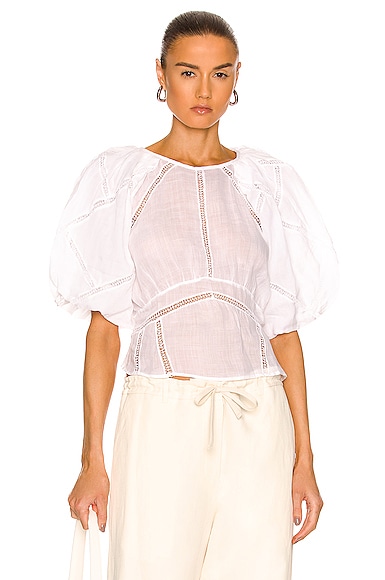 FRAME Inset Lace Gathered Seam Top in Blanc | FWRD