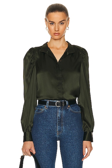 L'AGENCE Bianca Band Collar Blouse in Dark Glade