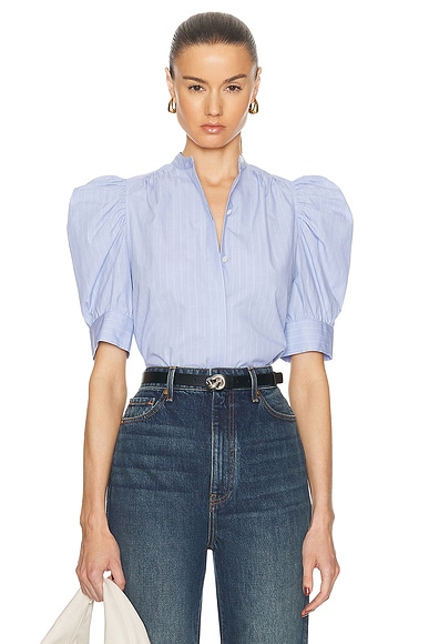 Shop Frame Ruched Puff Sleeve Shirt In Chambray Blue