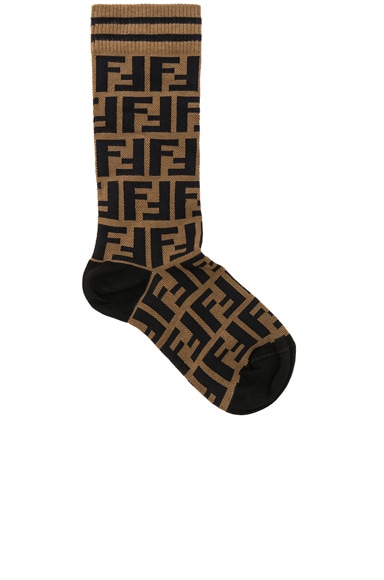 Fendi Logo Print Crew Socks in Brown & Black | FWRD