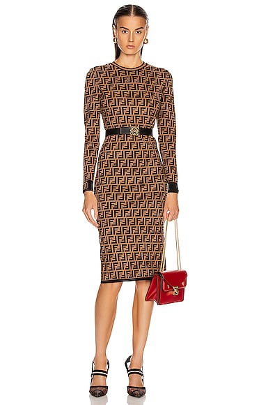 Fendi Longsleeve FF Midi Dress in Tobacco FWRD