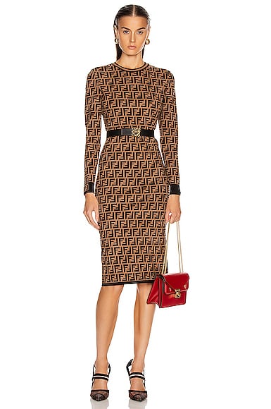 Fendi Longsleeve FF Midi Dress in Tobacco | FWRD