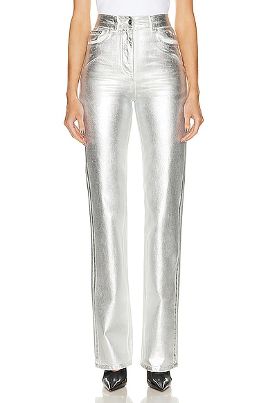 Ferragamo Metallic Slim Straight Pant in White & Silver