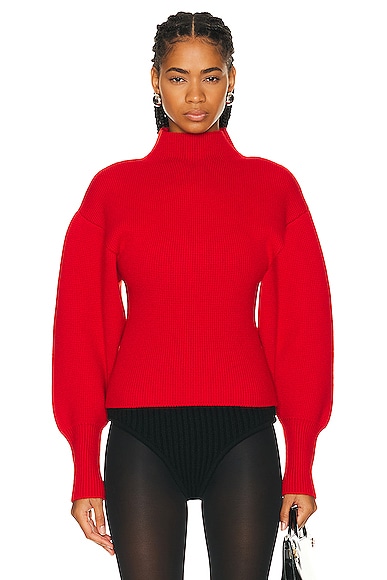 Shop Ferragamo Turtleneck Puff Sleeve Knit Bodysuit In Red