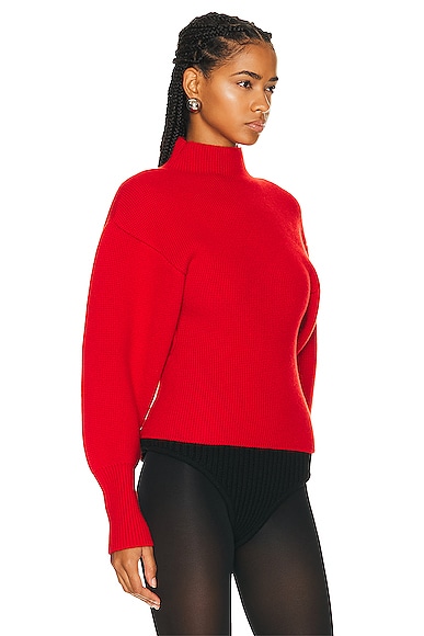 Shop Ferragamo Turtleneck Puff Sleeve Knit Bodysuit In Red