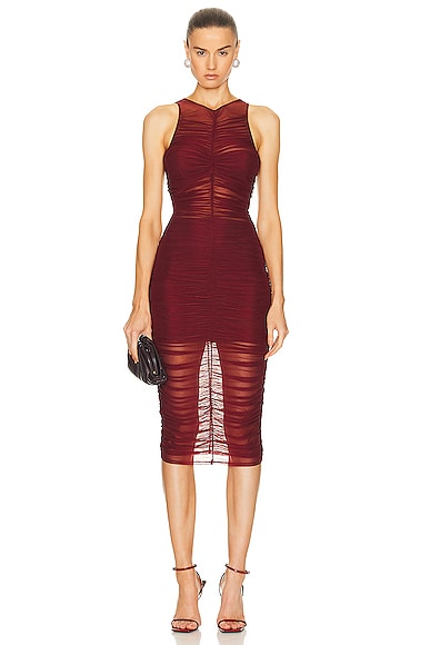 Ruched Front High Neck Dress in Burgundy
