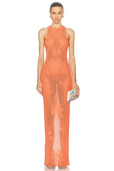 fleur du mal Lace Pointelle Maxi Racer Dress in Tangerine