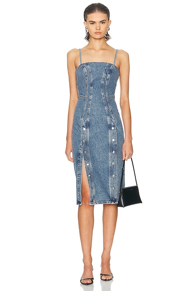 fleur du mal Colored Denim Midi Snap Dress in Acid Blue Denim