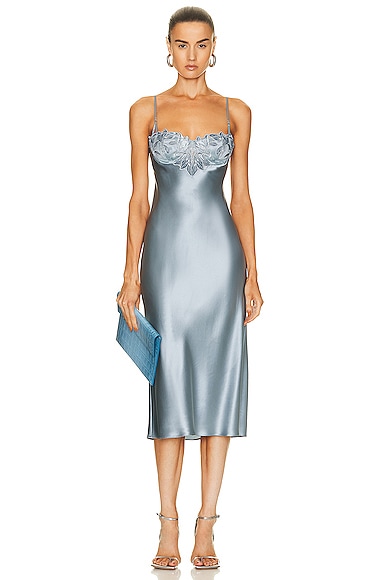 Fleur Du Mal Velvet Lily Embroidered Slip Dress In Light Blue | ModeSens