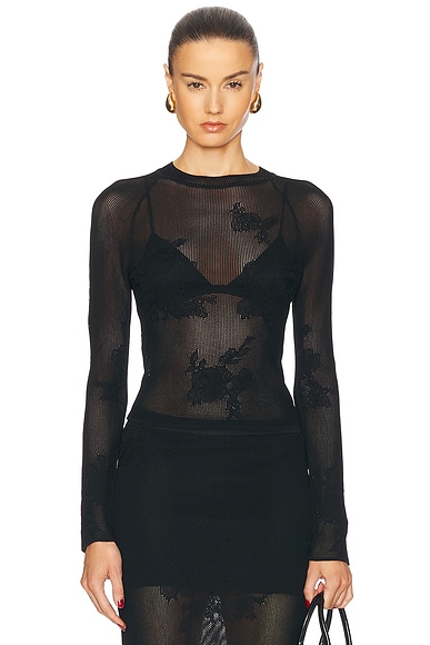 fleur du mal Lace Pointelle Long Sleeve Top in Black