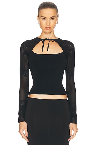 fleur du mal Lace Pointelle Knit Decolette Top in Black