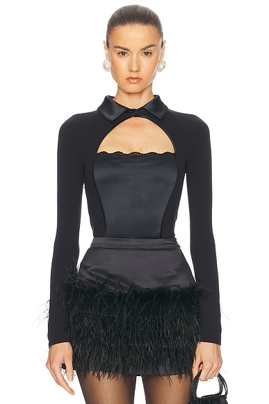 fleur du mal Stretch Satin Long Sleeve Bodysuit in Black