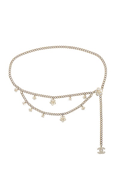 FWRD Renew Chanel Coco Mark Flower Rhinestone Chain Belt in Light Gold