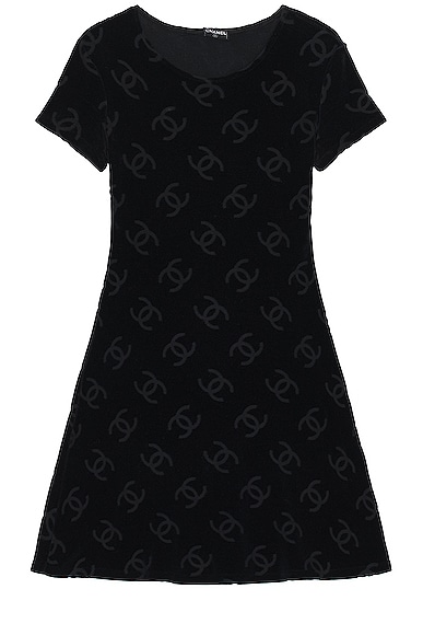 FWRD Renew Chanel Coco Mark Pattern Velour Dress in Black