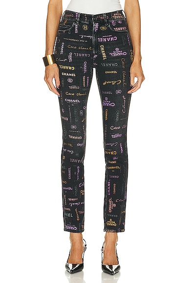 FWRD Renew Chanel Graffiti Logo Printed Denim Pants in Black | FWRD