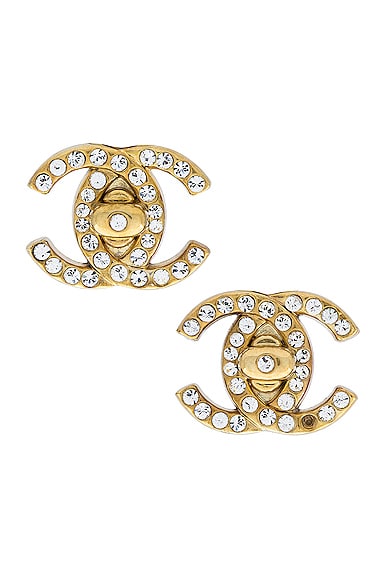 FWRD Renew Chanel Coco Mark Rhinestone Earrings in Gold
