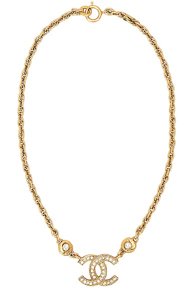 FWRD Renew Chanel Coco Mark Rhinestone Necklace in Gold