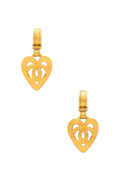 FWRD Renew Chanel Coco Mark Dangling Heart Clip On Earrings in Light Gold
