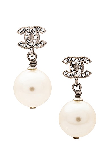 FWRD Renew Chanel Coco Mark Rhinestone Pearl Earrings in Silver