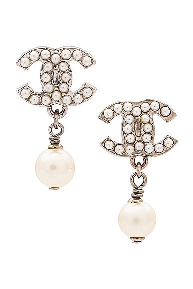 FWRD Renew Chanel Coco Mark Pearl Earrings in Silver