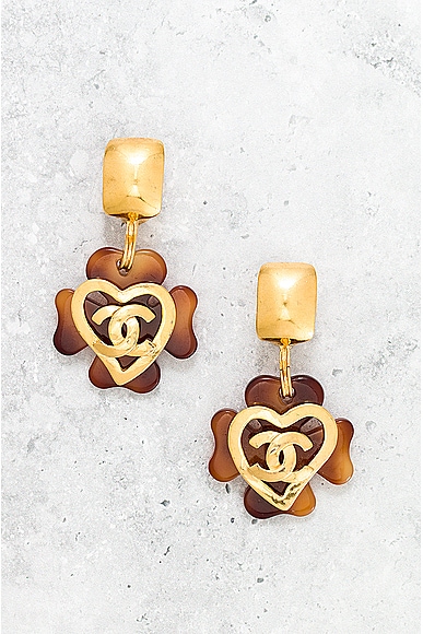 Pre-owned Chanel Coco Mark Tortoiseshell Clover Swing Earrings In Gold