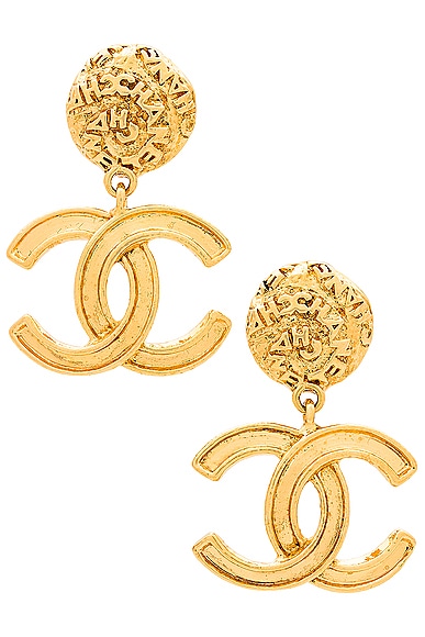 FWRD Renew Chanel Coco Mark Swing Clip On Earrings in Gold