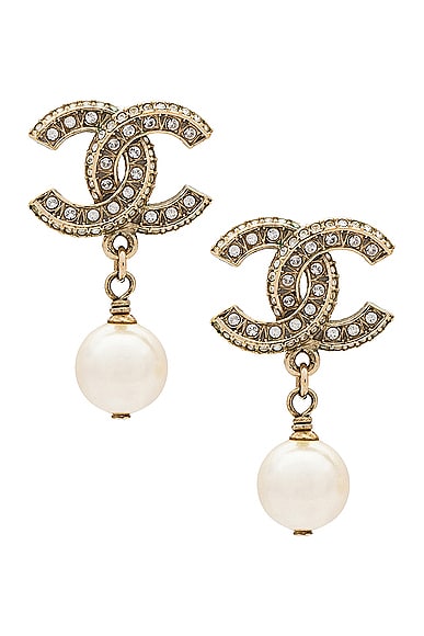 FWRD Renew Chanel Coco Mark Rhinestone Pearl Earrings in Light Gold