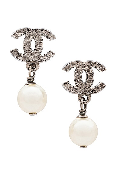 FWRD Renew Chanel Coco Mark Pearl Earrings in Silver