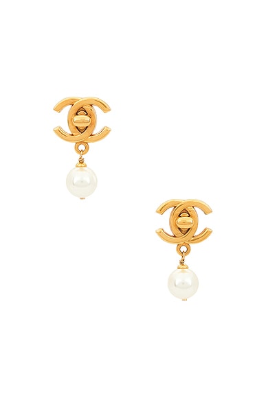 FWRD Renew Chanel Turnlock Pearl Clip-On Earrings in Gold